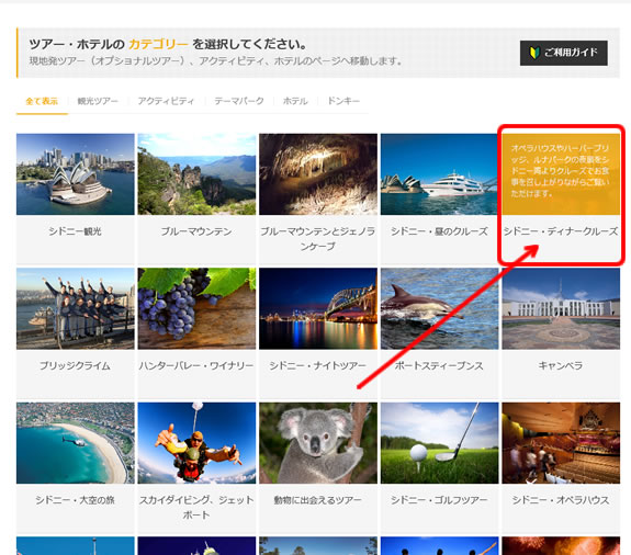 それぞれの都市のページでは、オプショナルツアー(現地出発ツアー)、アクティビティ、ホテルは、カテゴリー別に分類されています。